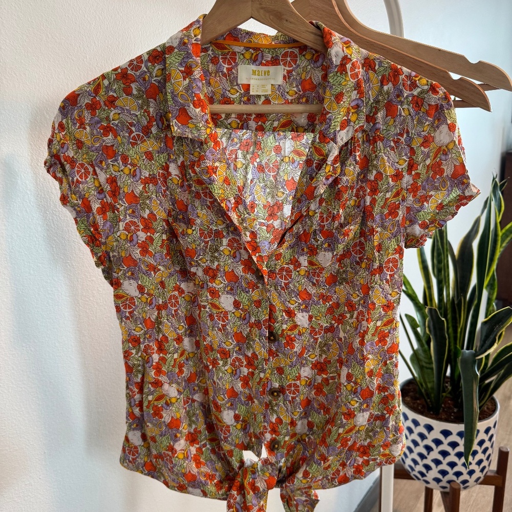 Anthropologie Maeve Citrus Fruit Floral Bateau Button Down Top